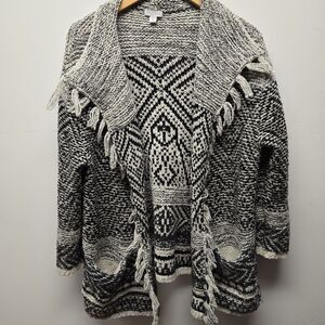 J. Jill Open Front Cardigan Sweater sz MP Black Tribal Western Cotton Wool